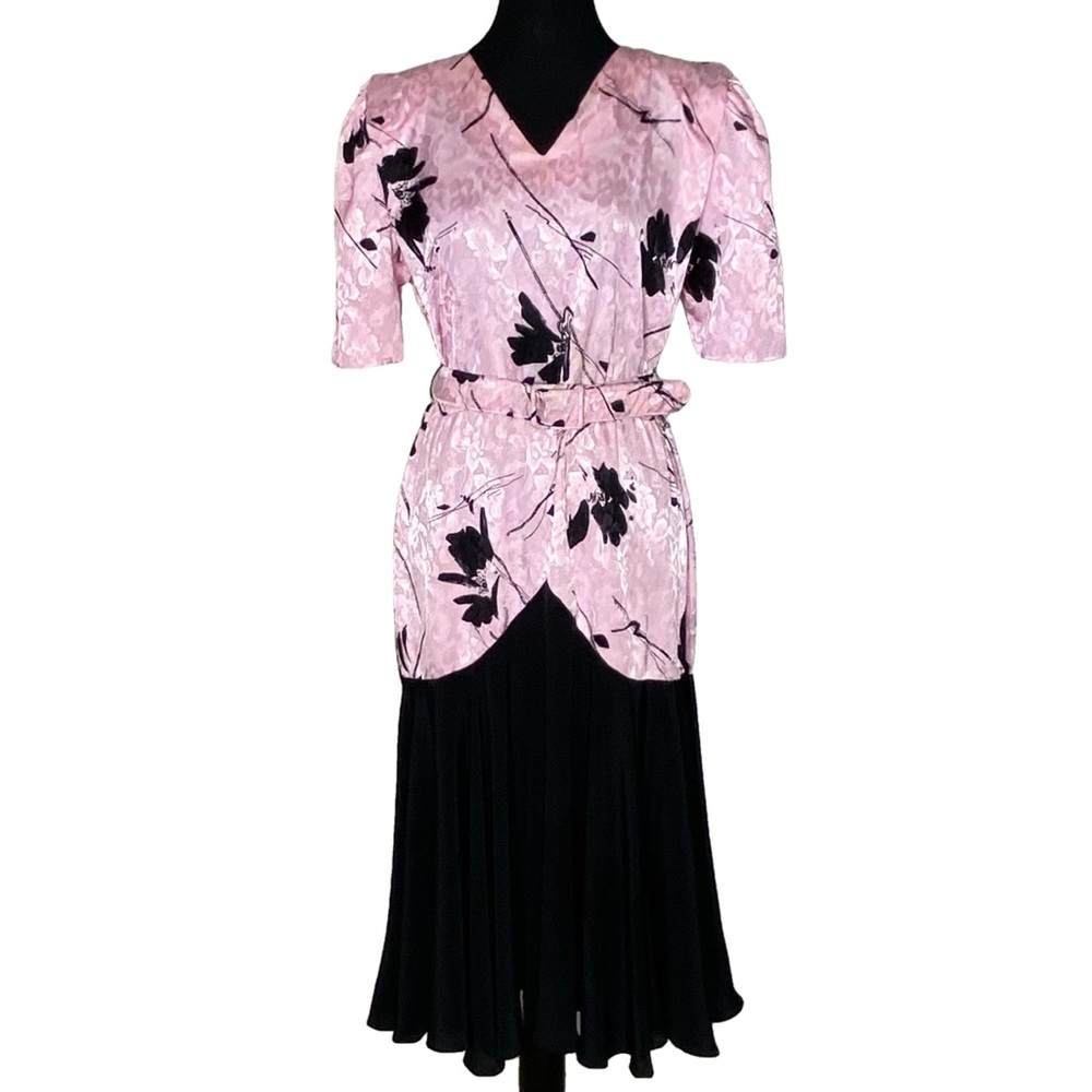 Vintage 80’s Pink Black Flare Dress Puffy Sleeves V Neck Abstract Size Medium